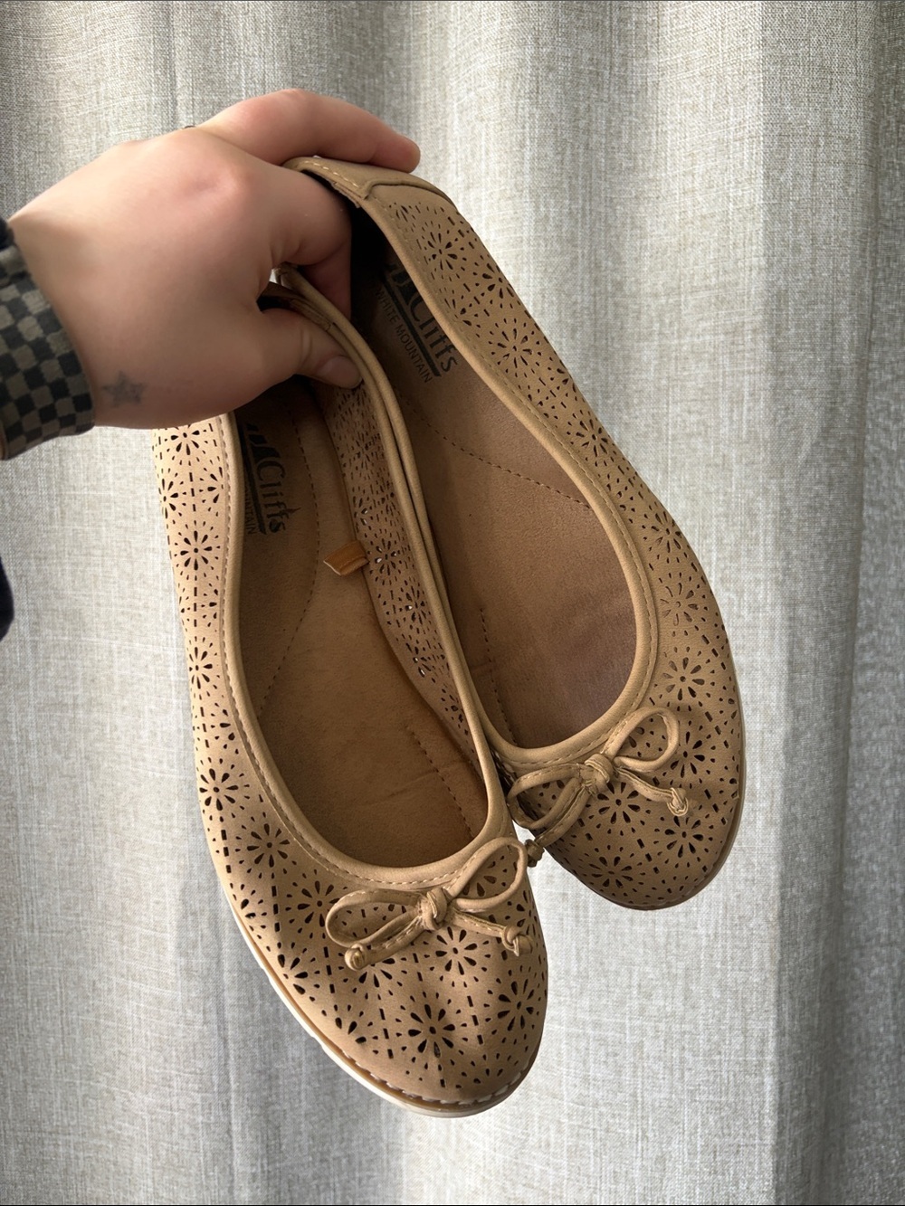 Cliffs by WHITE MOUNTAIN Tan Laser-Cut Ballet Flats with Bow Trim